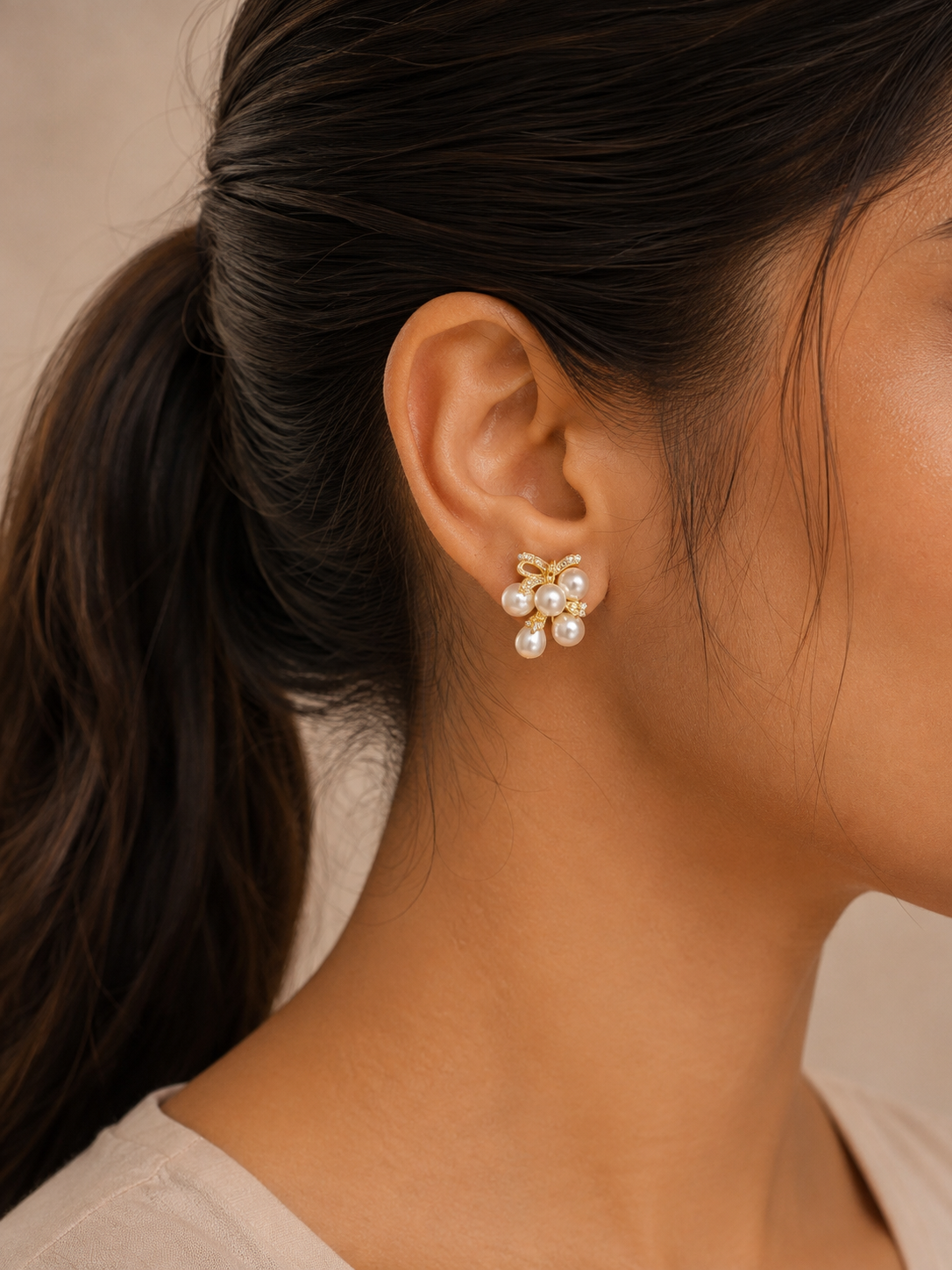 Alanki Roselle Pearl Bow Stud Earrings - House of Alanki