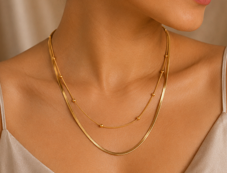Golden Layered Bead & Snake Chain Necklace - House of Alanki