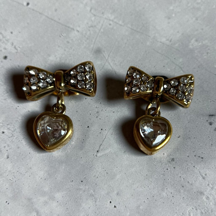 Crystal Heart Bow Drop Earrings